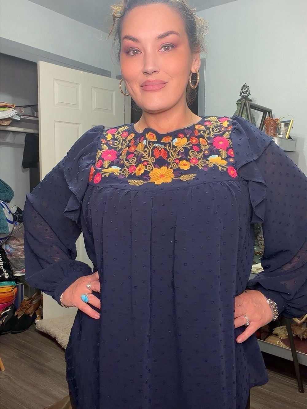 Jodifl Small Navy Floral Embroidered Swiss Dot Boho Ruffle Blouse Top